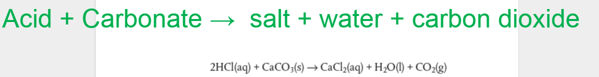 Machine generated alternative text:Acid + Carbonate > saIt + water + carbon dioxide2HCI(aq) + CaCO3(s) — CaC12(aq) + H20(1) + C02(g)