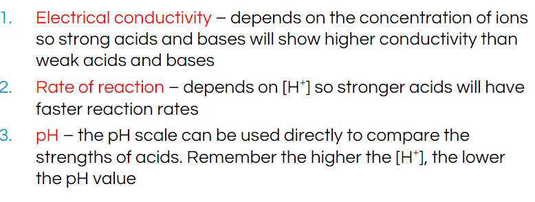 Machine generated alternative text:1. Electrical conductivity — depends on the concentration of ionsso strong acids and bases will show higher conductivity thanweak acids and bases2. Rate of reaction — depends on [H] so stronger acids will havefaster reaction rates3. pH — the pH scale can be used directly to compare thestrengths of acids. Remember the higher the [H], the lowerthe pH value